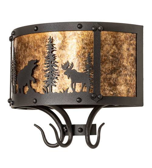 Meyda Lighting Wildlife at Pine Lake 14" 2-Light Old Wrought Iron Wall Sconce With Amber Mica Shade Glass