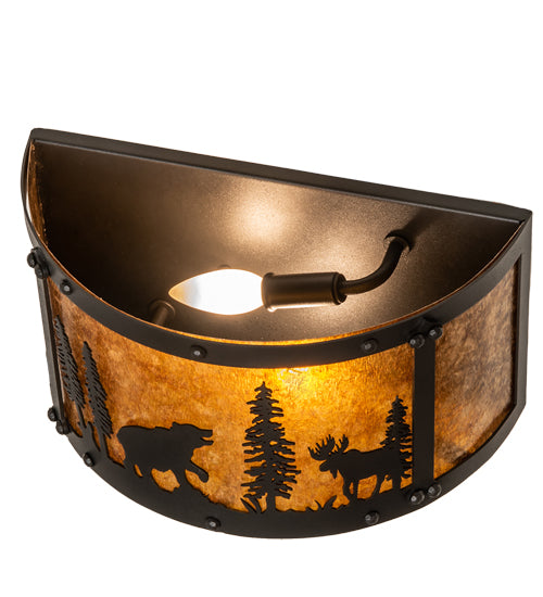 Meyda Lighting Wildlife at Pine Lake 14" 2-Light Old Wrought Iron Wall Sconce With Amber Mica Shade Glass