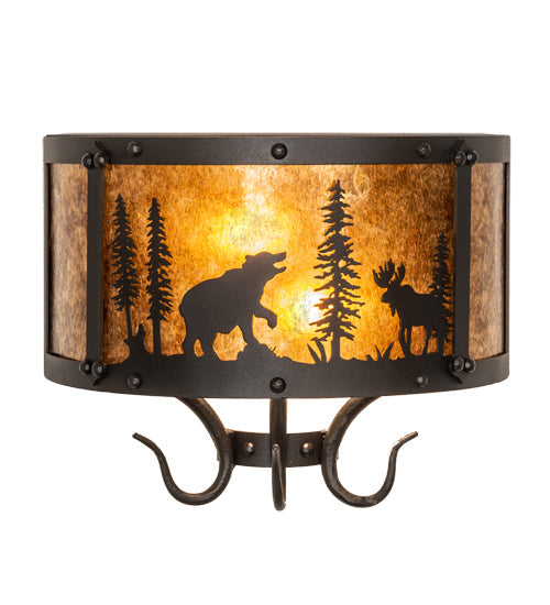 Meyda Lighting Wildlife at Pine Lake 14" 2-Light Old Wrought Iron Wall Sconce With Amber Mica Shade Glass