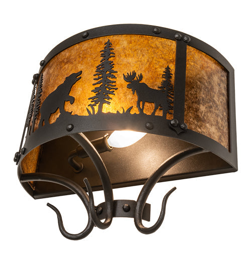 Meyda Lighting Wildlife at Pine Lake 14" 2-Light Old Wrought Iron Wall Sconce With Amber Mica Shade Glass