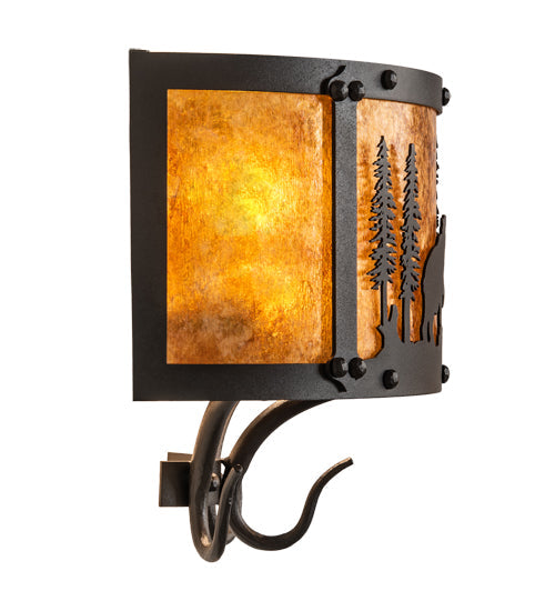 Meyda Lighting Wildlife at Pine Lake 14" 2-Light Old Wrought Iron Wall Sconce With Amber Mica Shade Glass