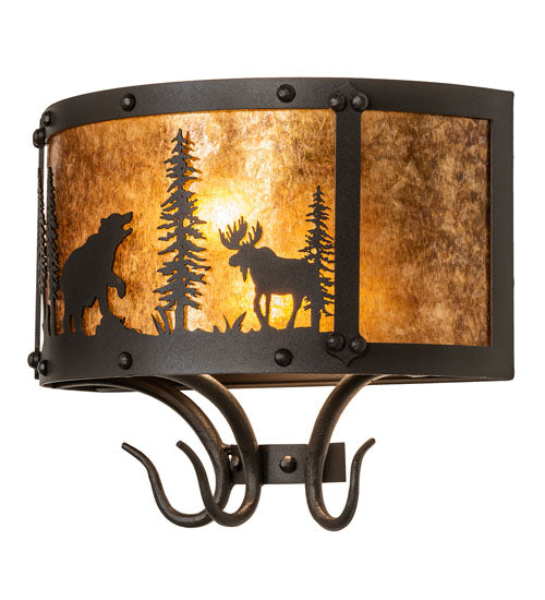 Meyda Lighting Wildlife at Pine Lake 14" 2-Light Old Wrought Iron Wall Sconce With Amber Mica Shade Glass