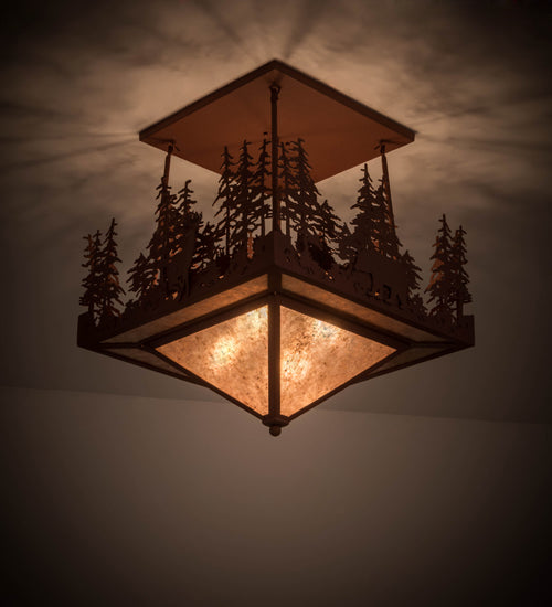 Meyda Lighting Wildlife at Pine Lake 33" 4-Light Rust Flush Mount Light With Silver Mica Shade Glass