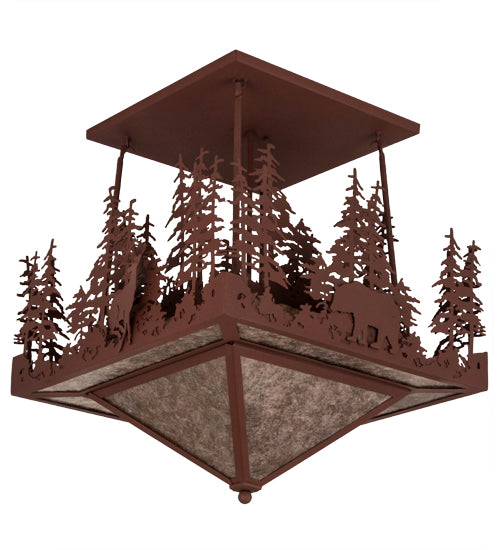 Meyda Lighting Wildlife at Pine Lake 33" 4-Light Rust Flush Mount Light With Silver Mica Shade Glass