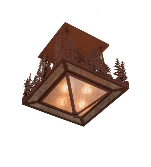 Meyda Lighting Wildlife at Pine Lake 33" 4-Light Rust Flush Mount Light With Silver Mica Shade Glass