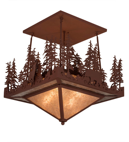 Meyda Lighting Wildlife at Pine Lake 33" 4-Light Rust Flush Mount Light With Silver Mica Shade Glass