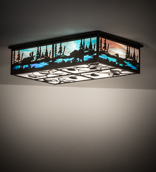 Meyda Lighting Wildlife at Pine Lake 36" 8-Light Timeless Bronze Flush Mount Light With Blue & White Shade Glass