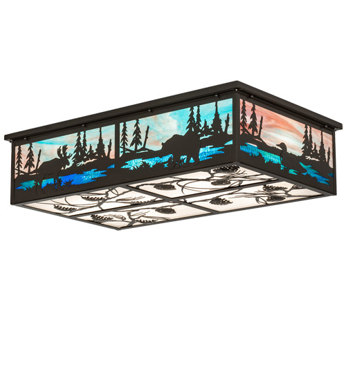 Meyda Lighting Wildlife at Pine Lake 36" 8-Light Timeless Bronze Flush Mount Light With Blue & White Shade Glass