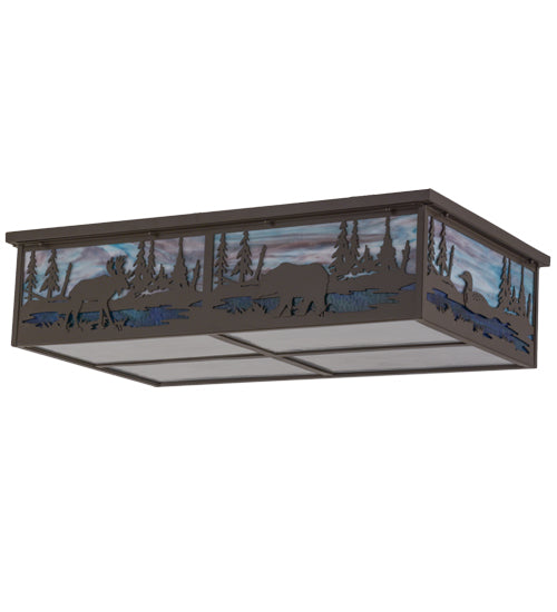 Meyda Lighting Wildlife at Pine Lake 36" 8-Light Timeless Bronze Flush Mount Light With Multi-Colored Shade Glass