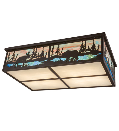 Meyda Lighting Wildlife at Pine Lake 36" 8-Light Timeless Bronze Flush Mount Light With Multi-Colored Shade Glass