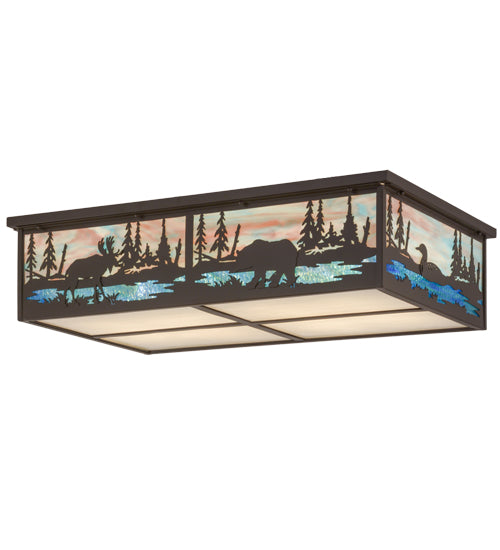 Meyda Lighting Wildlife at Pine Lake 36" 8-Light Timeless Bronze Flush Mount Light With Multi-Colored Shade Glass