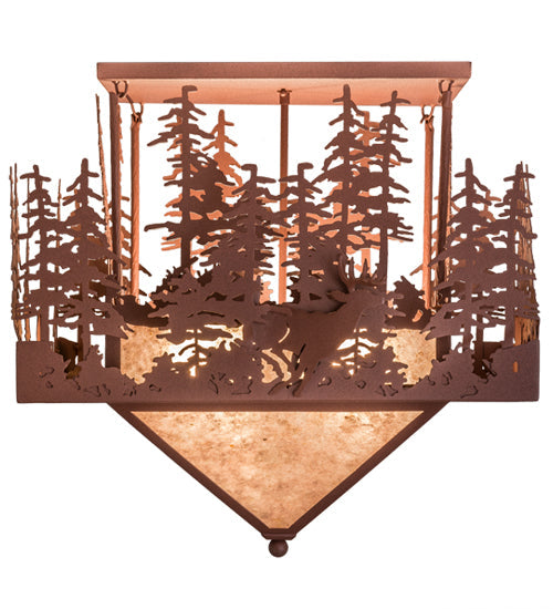 Meyda Lighting Wildlife at Pine Lake 37" 4-Light Rust Flush Mount Light With Silver Mica Shade Glass