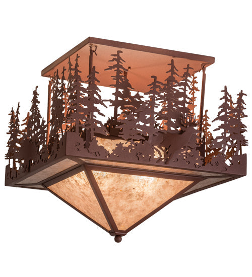 Meyda Lighting Wildlife at Pine Lake 37" 4-Light Rust Flush Mount Light With Silver Mica Shade Glass