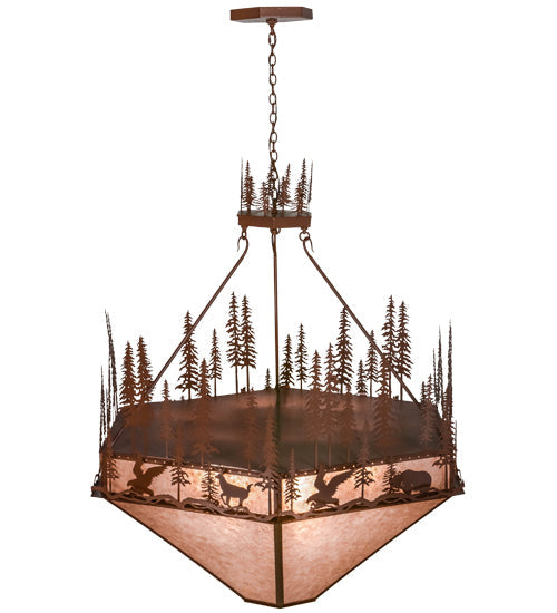 Meyda Lighting Wildlife at Pine Lake 60" 9-Light Rust Inverted Pendant Light With Silver Mica Shade Glass