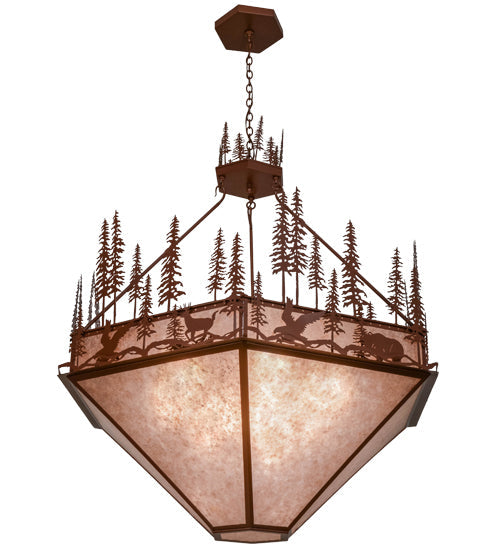Meyda Lighting Wildlife at Pine Lake 60" 9-Light Rust Inverted Pendant Light With Silver Mica Shade Glass