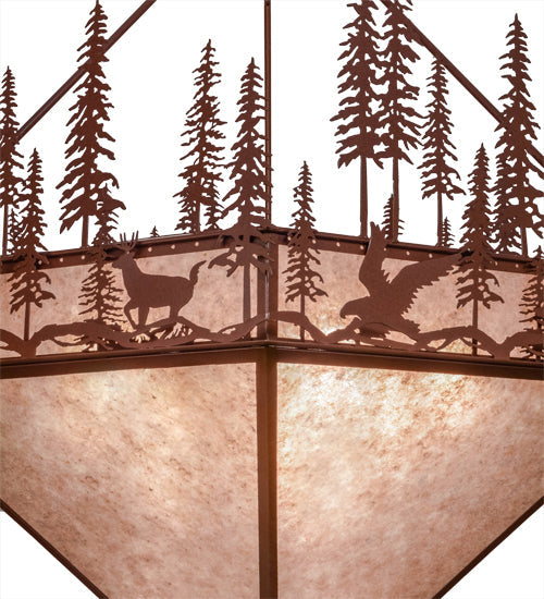 Meyda Lighting Wildlife at Pine Lake 60" 9-Light Rust Inverted Pendant Light With Silver Mica Shade Glass