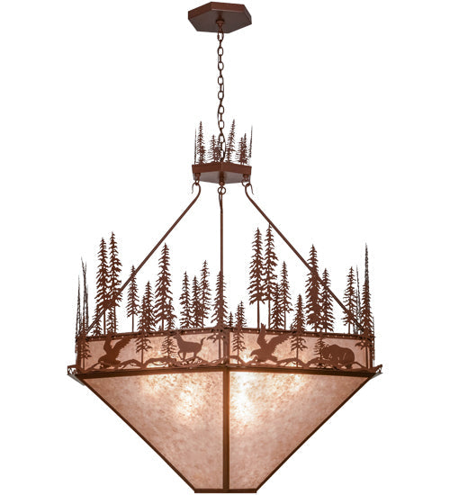 Meyda Lighting Wildlife at Pine Lake 60" 9-Light Rust Inverted Pendant Light With Silver Mica Shade Glass