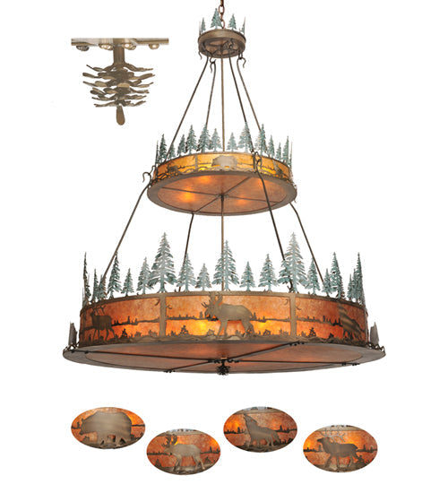 Meyda Lighting Wildlife at Pine Lake 72" 12-Light 2-Tier Antique Copper & Green Trees Inverted Pendant Light With Amber Mica Shade Glass