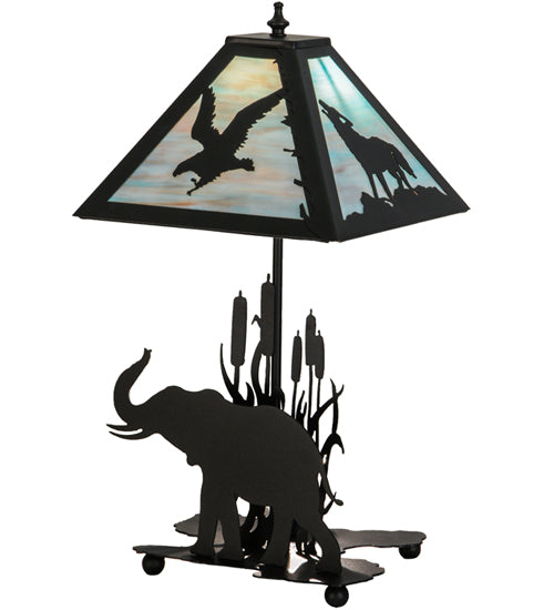 Meyda Lighting Wildlife on the Loose 22" 2-Light Textured Black Table Lamp With Blue Green Shade Glass and Lighted Base
