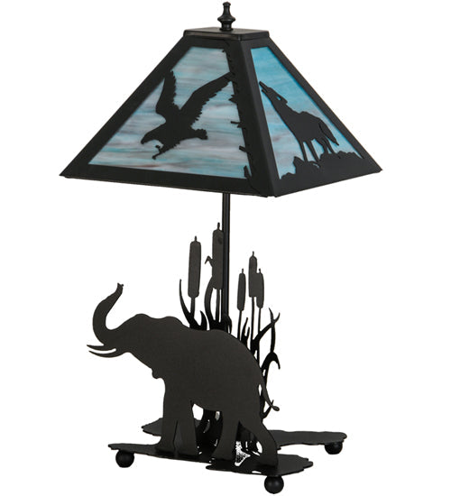 Meyda Lighting Wildlife on the Loose 22" 2-Light Textured Black Table Lamp With Blue Green Shade Glass and Lighted Base