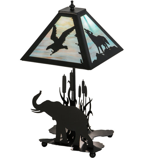 Meyda Lighting Wildlife on the Loose 22" 2-Light Textured Black Table Lamp With Blue Green Shade Glass and Lighted Base