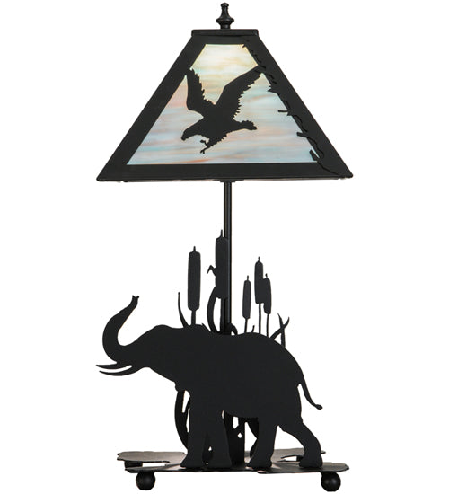 Meyda Lighting Wildlife on the Loose 22" 2-Light Textured Black Table Lamp With Blue Green Shade Glass and Lighted Base