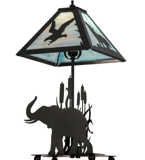 Meyda Lighting Wildlife on the Loose 22" 2-Light Textured Black Table Lamp With Blue Green Shade Glass and Lighted Base