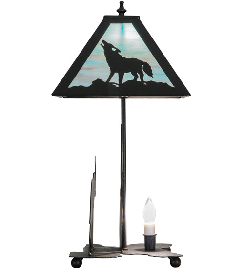 Meyda Lighting Wildlife on the Loose 22" 2-Light Textured Black Table Lamp With Blue Green Shade Glass and Lighted Base