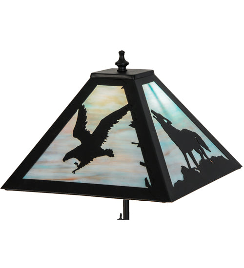 Meyda Lighting Wildlife on the Loose 22" 2-Light Textured Black Table Lamp With Blue Green Shade Glass and Lighted Base