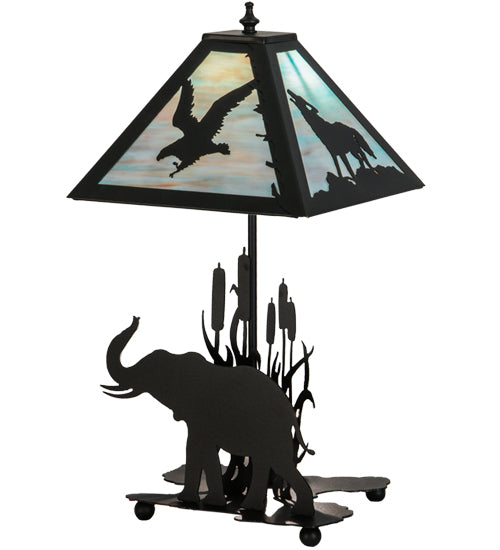 Meyda Lighting Wildlife on the Loose 22" 2-Light Textured Black Table Lamp With Blue Green Shade Glass and Lighted Base