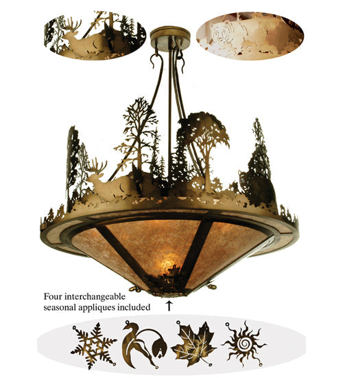 Meyda Lighting Wildlife on the Loose 42" 10-Light Antique Copper Inverted Pendant Light With Silver Mica Shade Glass