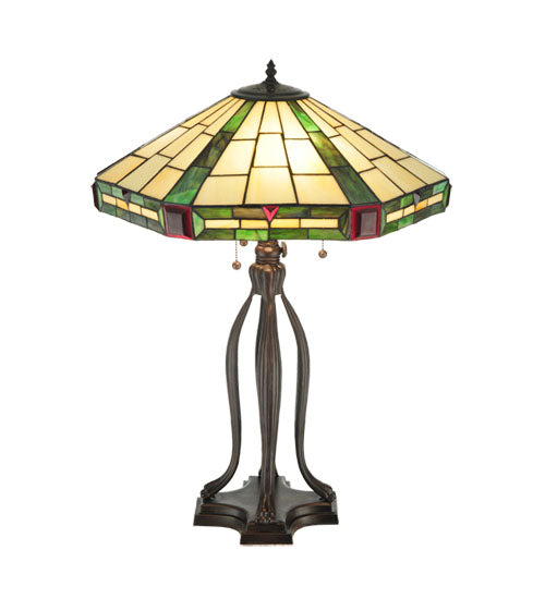 Meyda Lighting Wilkenson 30" 3-Light Mahogany Bronze Table Lamp With Multi-Colored Stained Shade Glass