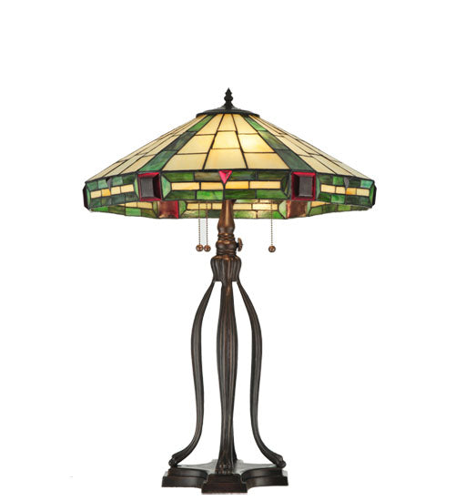 Meyda Lighting Wilkenson 30" 3-Light Mahogany Bronze Table Lamp With Multi-Colored Stained Shade Glass