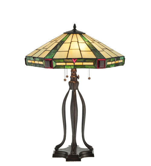 Meyda Lighting Wilkenson 30" 3-Light Mahogany Bronze Table Lamp With Multi-Colored Stained Shade Glass