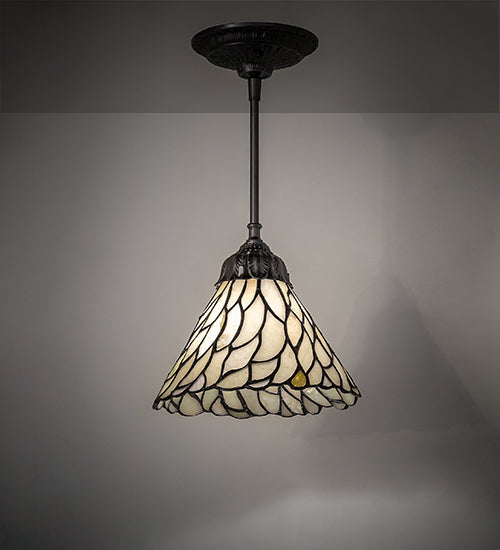 Meyda Lighting Willow 50863 8" Mahogany Bronze Mini Pendant Light With Green & Beige Jadestone Shade