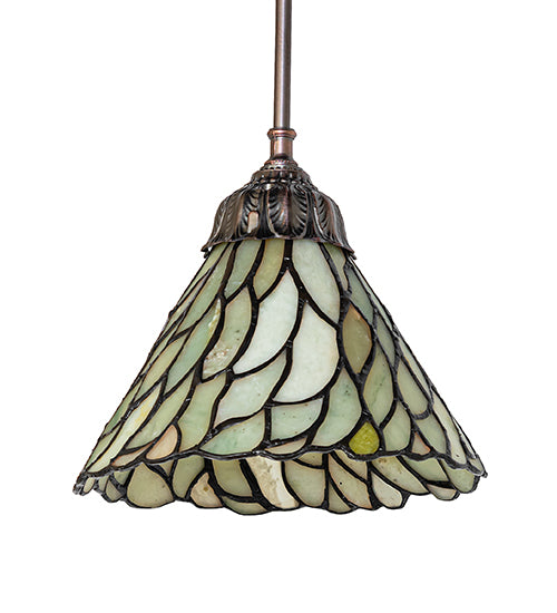 Meyda Lighting Willow 50863 8" Mahogany Bronze Mini Pendant Light With Green & Beige Jadestone Shade