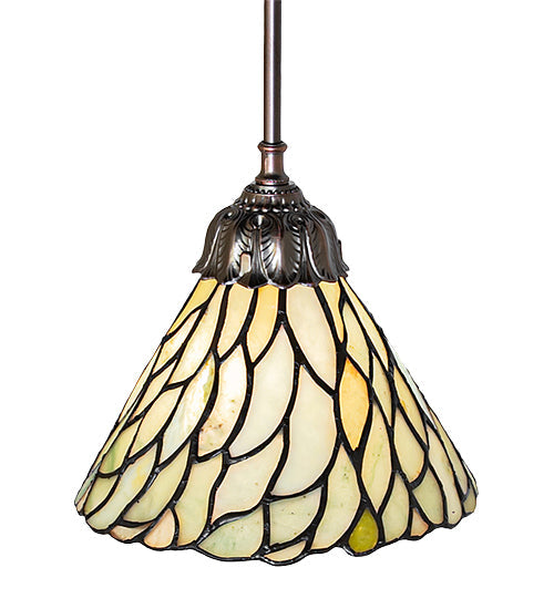 Meyda Lighting Willow 50863 8" Mahogany Bronze Mini Pendant Light With Green & Beige Jadestone Shade
