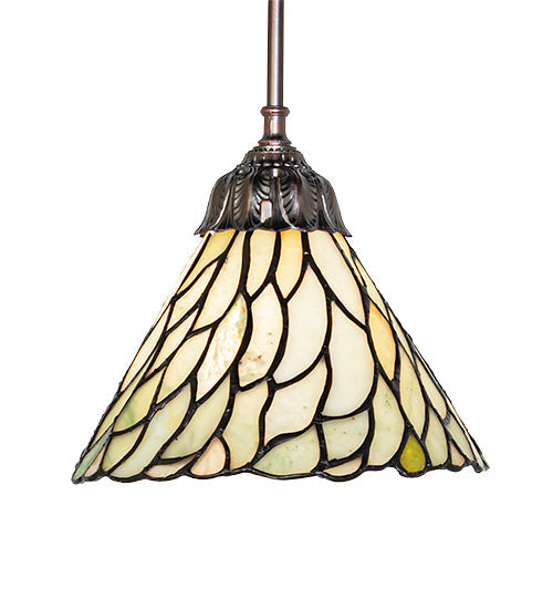 Meyda Lighting Willow 50863 8" Mahogany Bronze Mini Pendant Light With Green & Beige Jadestone Shade