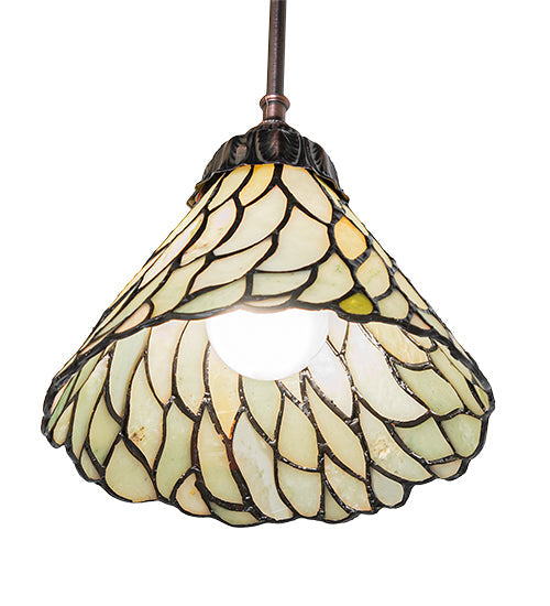 Meyda Lighting Willow 50863 8" Mahogany Bronze Mini Pendant Light With Green & Beige Jadestone Shade