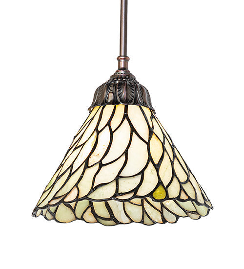 Meyda Lighting Willow 50863 8" Mahogany Bronze Mini Pendant Light With Green & Beige Jadestone Shade