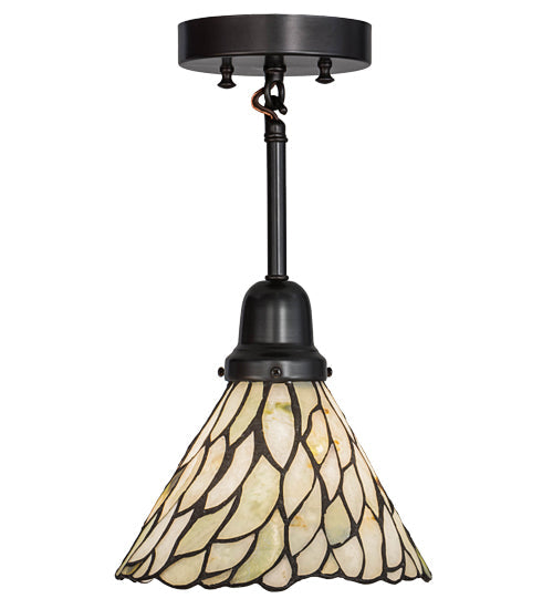 Meyda Lighting Willow 8" Craftsman Brown Mini Pendant Light With Green & Beige Jadestone Shade