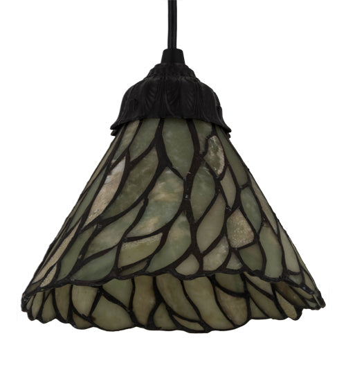 Meyda Lighting Willow 8" Textured Black Mini Pendant Light With Green & Beige Jadestone Shade