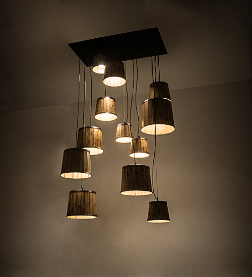 Meyda Lighting Wine Barrel 57" 12-Light Industrial Steel Cascading Pendant Light With Brown Wood Shade