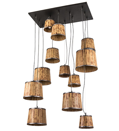 Meyda Lighting Wine Barrel 57" 12-Light Industrial Steel Cascading Pendant Light With Brown Wood Shade