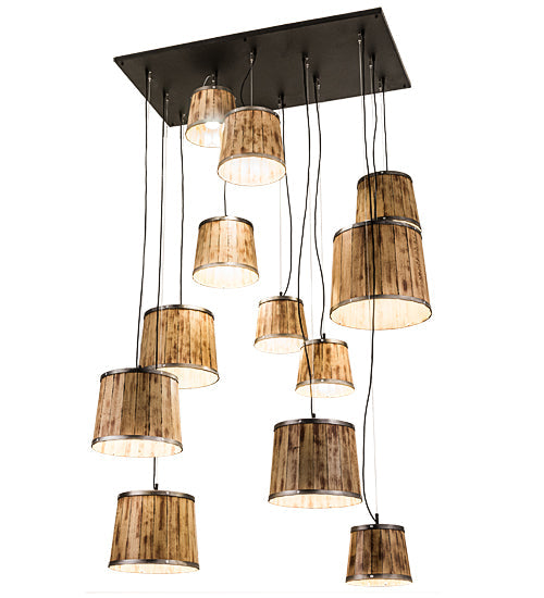 Meyda Lighting Wine Barrel 57" 12-Light Industrial Steel Cascading Pendant Light With Brown Wood Shade