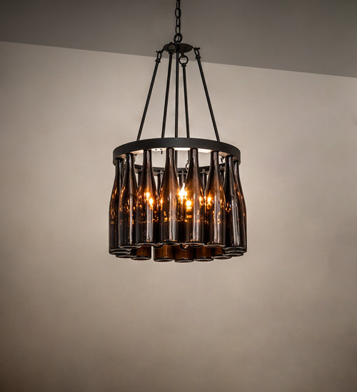 Meyda Lighting Wine Bottle 19" 5-Light Textured Black Chandelier With Amber Wine Bottle Shade Glass