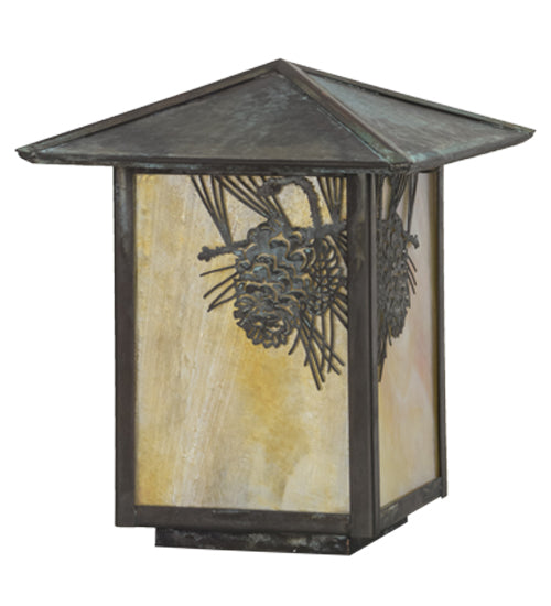 Meyda Lighting Winter Pine 10" Verdigris Outdoor Post Mount Light With Beige Iridescent Shade Glass