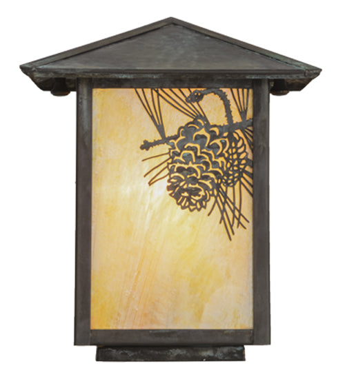 Meyda Lighting Winter Pine 10" Verdigris Outdoor Post Mount Light With Beige Iridescent Shade Glass