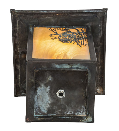 Meyda Lighting Winter Pine 10" Verdigris Outdoor Post Mount Light With Beige Iridescent Shade Glass