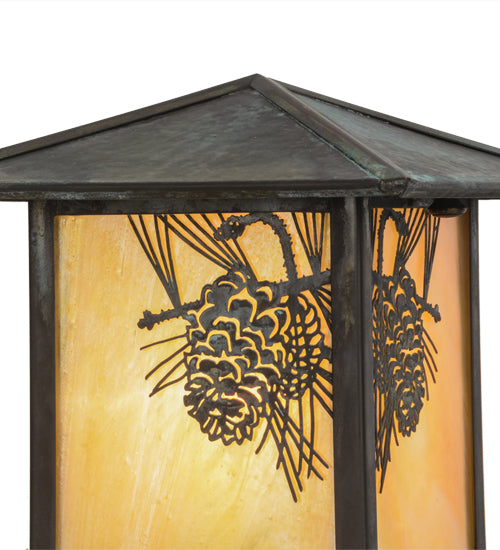 Meyda Lighting Winter Pine 10" Verdigris Outdoor Post Mount Light With Beige Iridescent Shade Glass